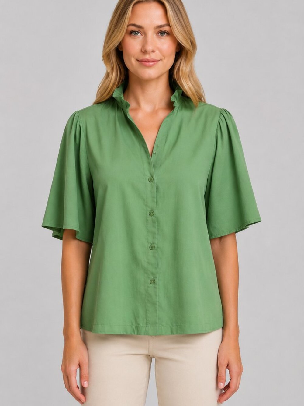 s'edge Ruffle Neck Green Short Sleeve Blouse Medium 100% Tencel Sustainable NWT